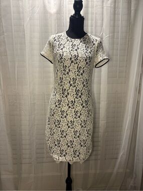 Diane Von Furstenberg White Lace Midi Dress with Black Trim